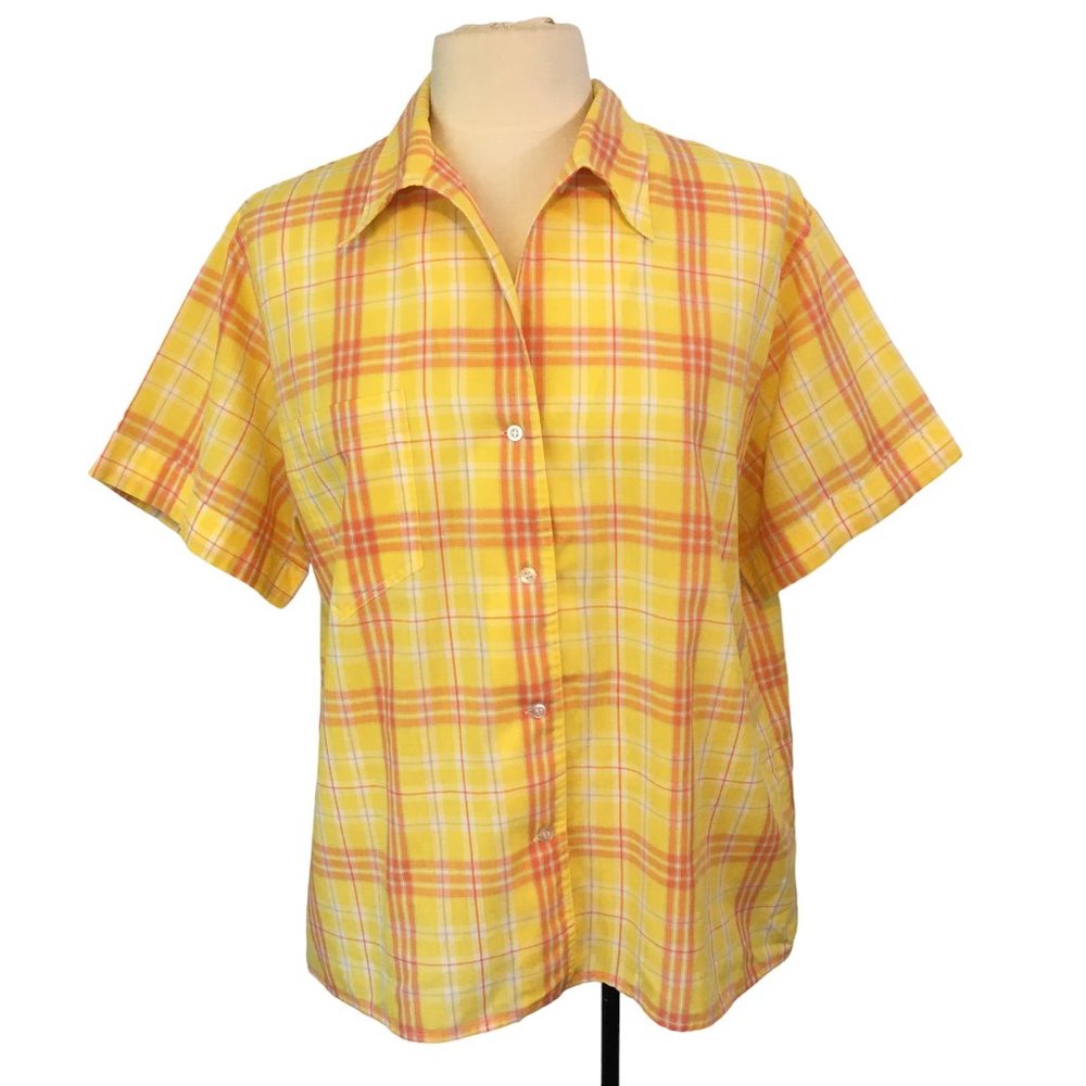 Lady Manhattan Vintage 1980s Womens Yellow Orange Plaid Short Sleeve Shirt 16